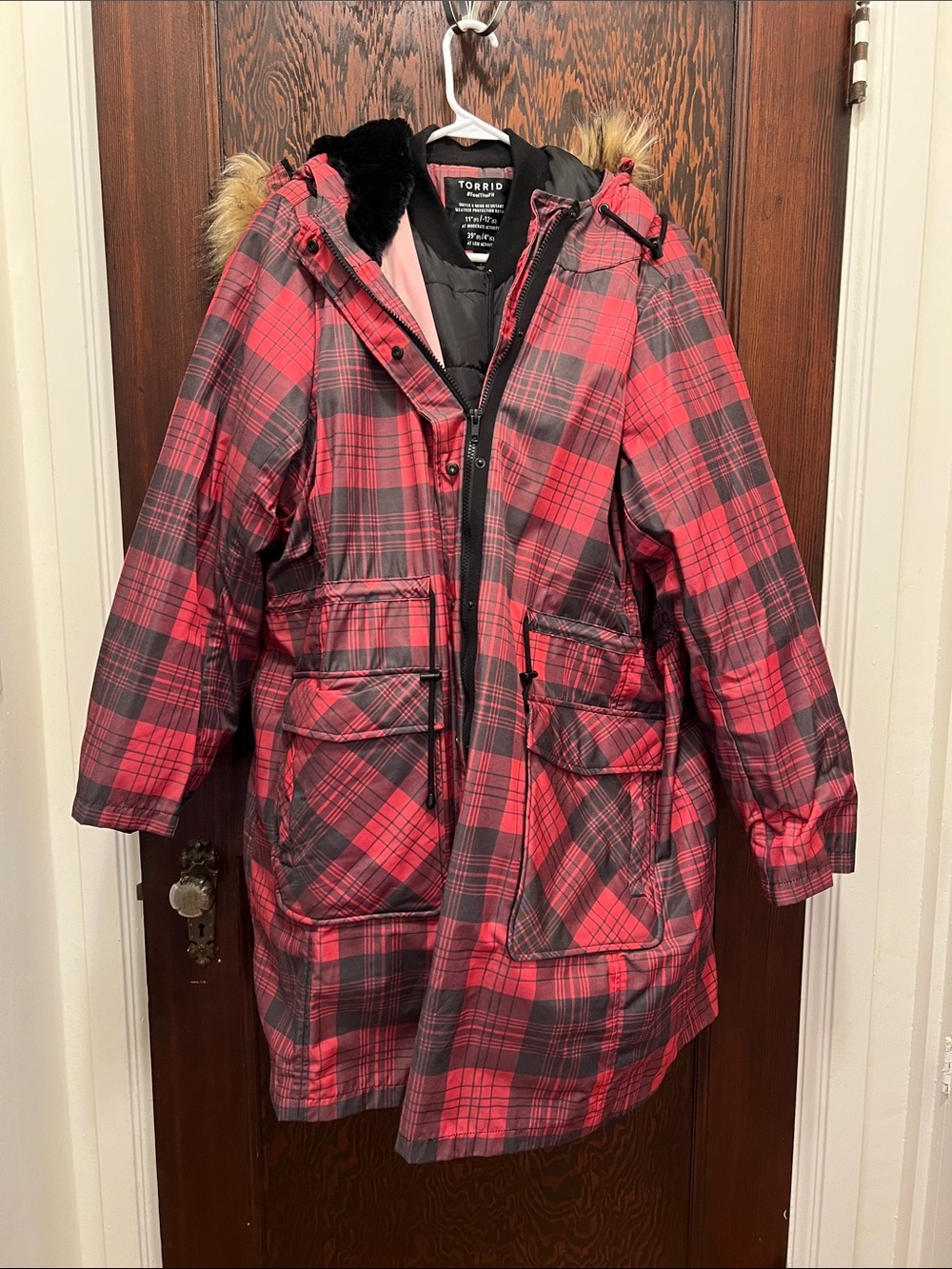 torrid Red and Black Plaid Hooded Puffer Coat with Faux Fur Trim